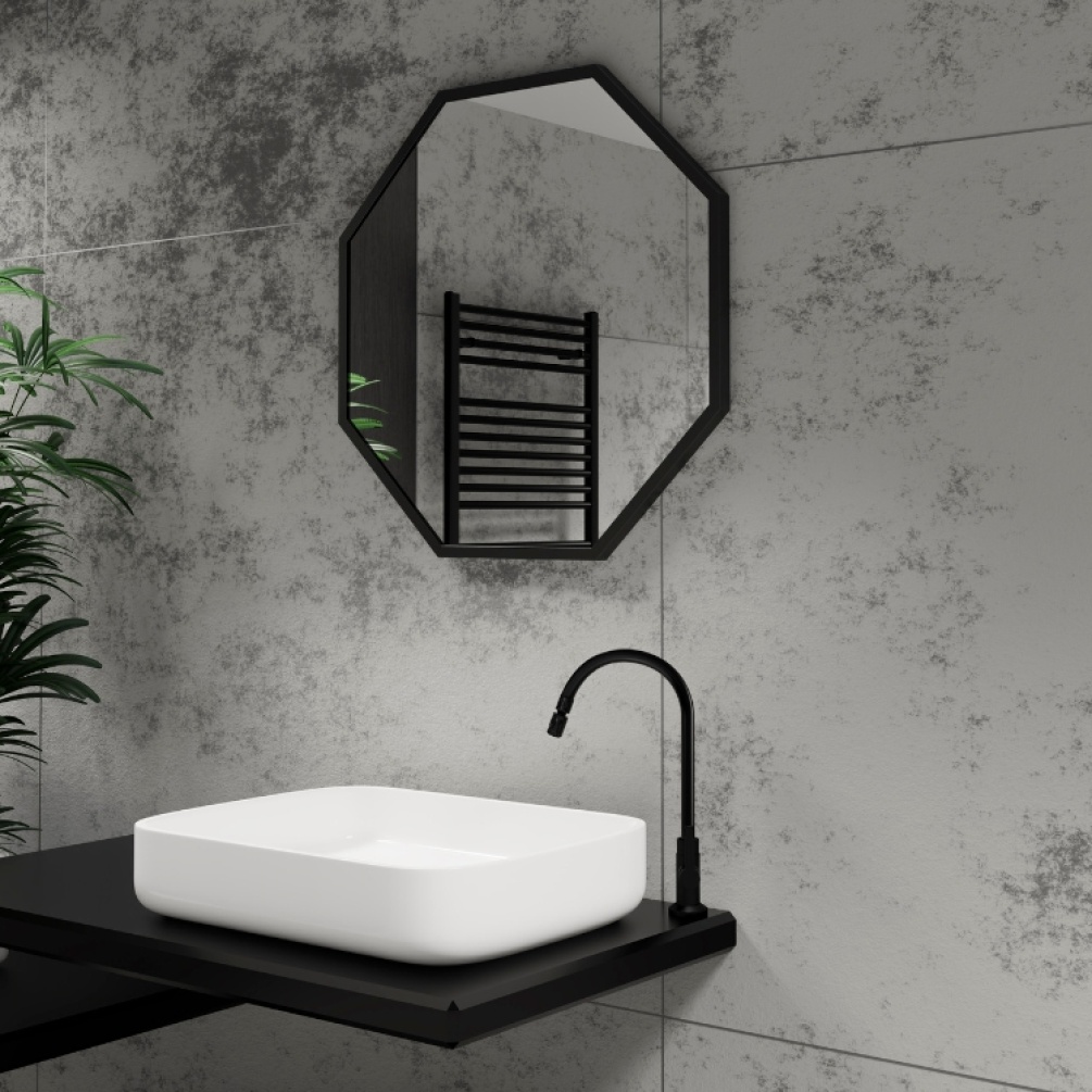 Product Lifestyle image of Origins Living Docklands Octagon 600mm x 600mm Black Mirror on an angle DKL-00T060-BK